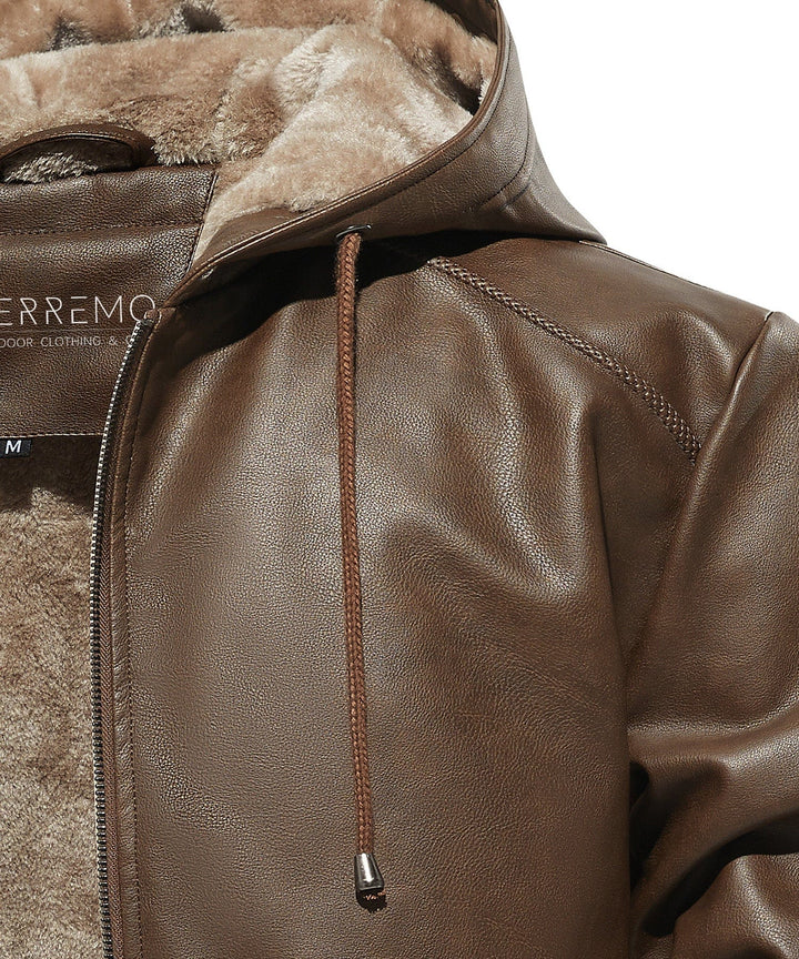 Warm men's brown faux leather jacket with plaid accents, suitable for casual winter wear