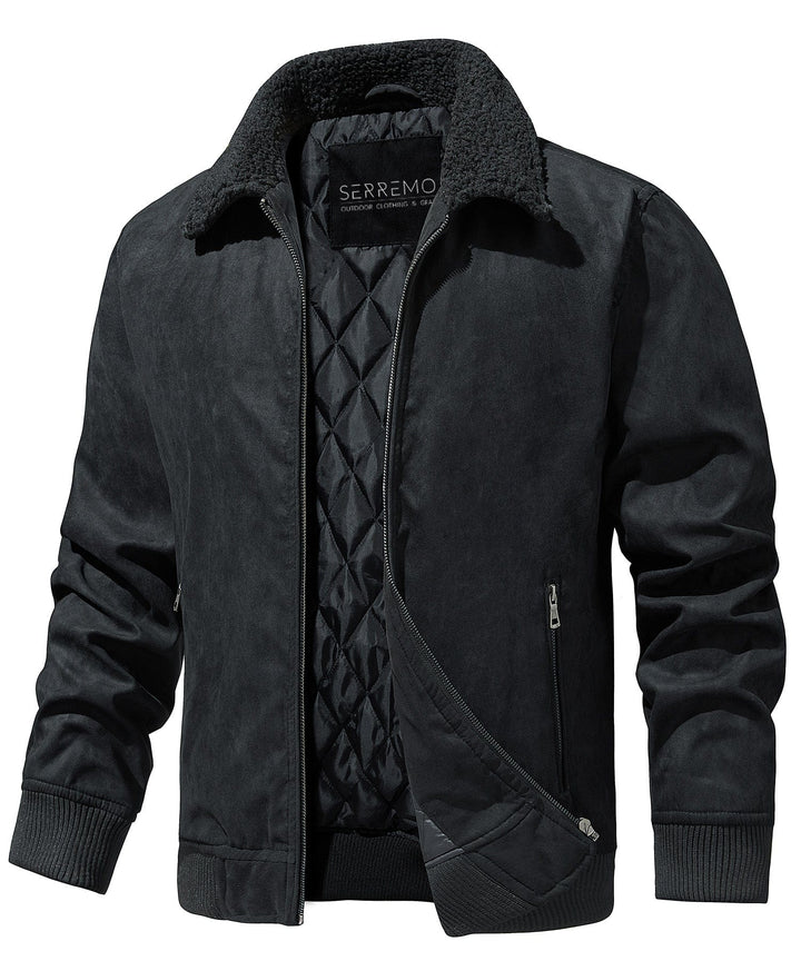 Men's black quilted bomber jacket with cozy sherpa collar, perfect for winter warmth and style.