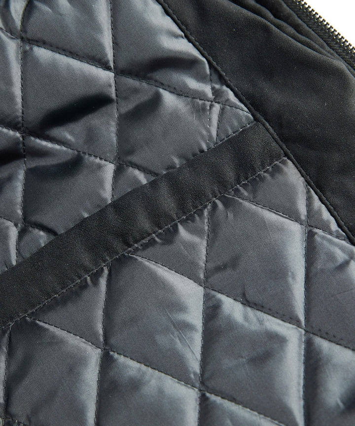 Fashionable men's winter jacket: black quilted bomber with a soft, inviting sherpa collar.