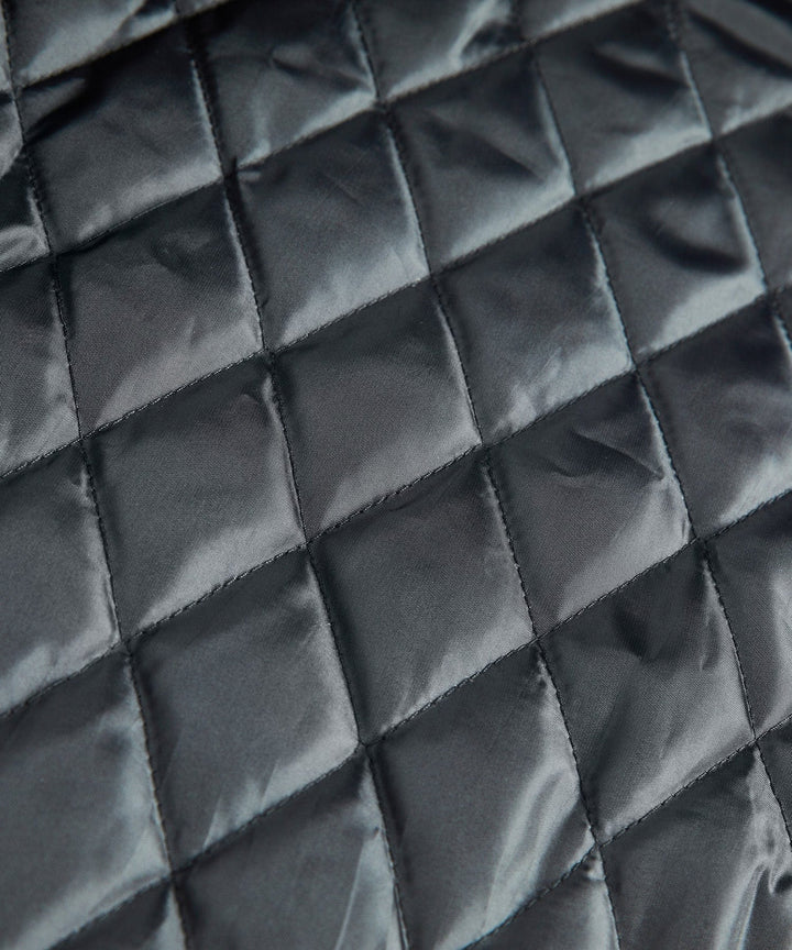 Men's black quilted jacket, a bomber style with a warm sherpa collar, perfect for everyday use.
