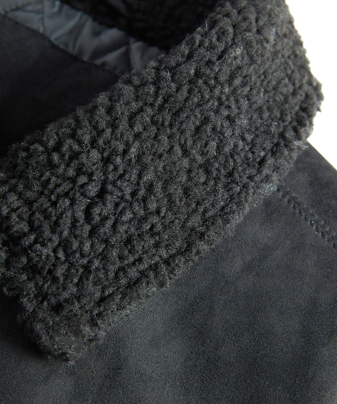 Front view of a men's insulated quilted bomber jacket with a prominent sherpa collar, great outerwear.
