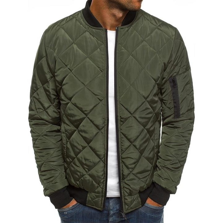 Back view of a men's quilted jacket, emphasizing its streamlined design and comfortable fit, streetwear