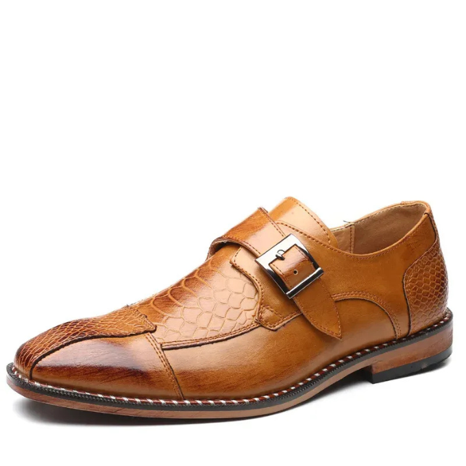 Men's party-ready reptile-textured monk strap luxury shoes, front and side profile.