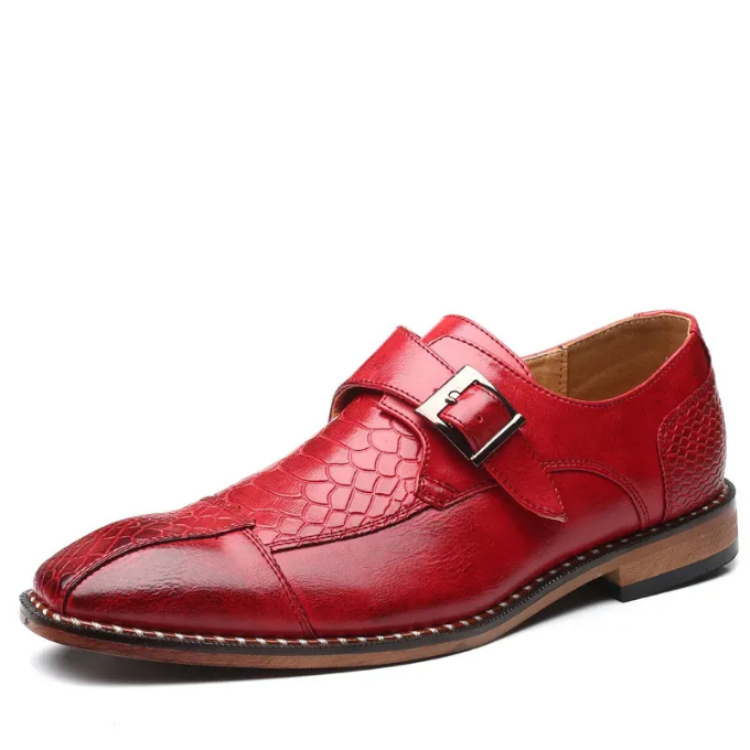 Sole view of men's durable reptile-textured monk strap leather dress shoes.