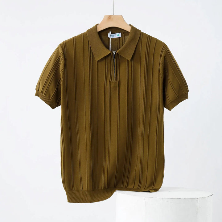 Men's black ribbed knit half-zip polo shirt, perfect for smart casual autumn wear.