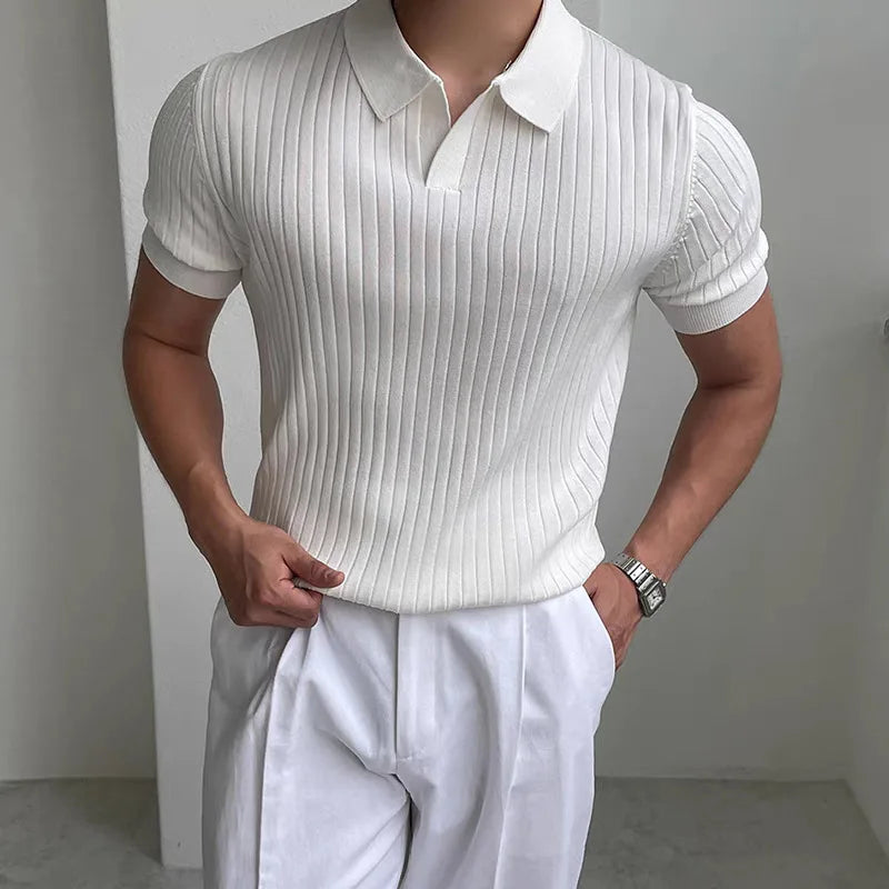 Men's black ribbed knit polo shirt, short sleeve, casual smart, summer fashion