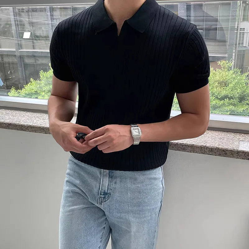 Stylish beige ribbed knit polo shirt for men, short sleeve, smart casual, autumn wear