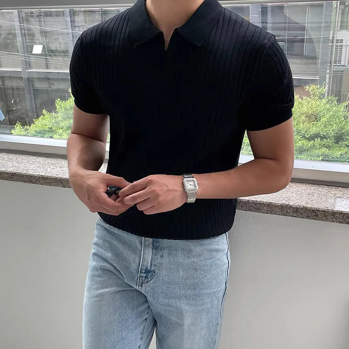 Stylish beige ribbed knit polo shirt for men, short sleeve, smart casual, autumn wear