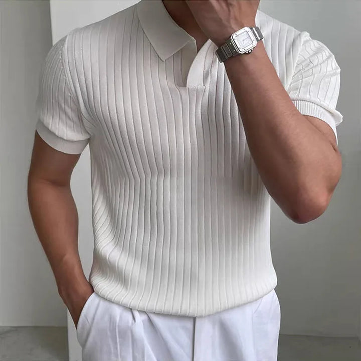 Close-up of men's ribbed knit polo shirt texture in black, perfect for casual style