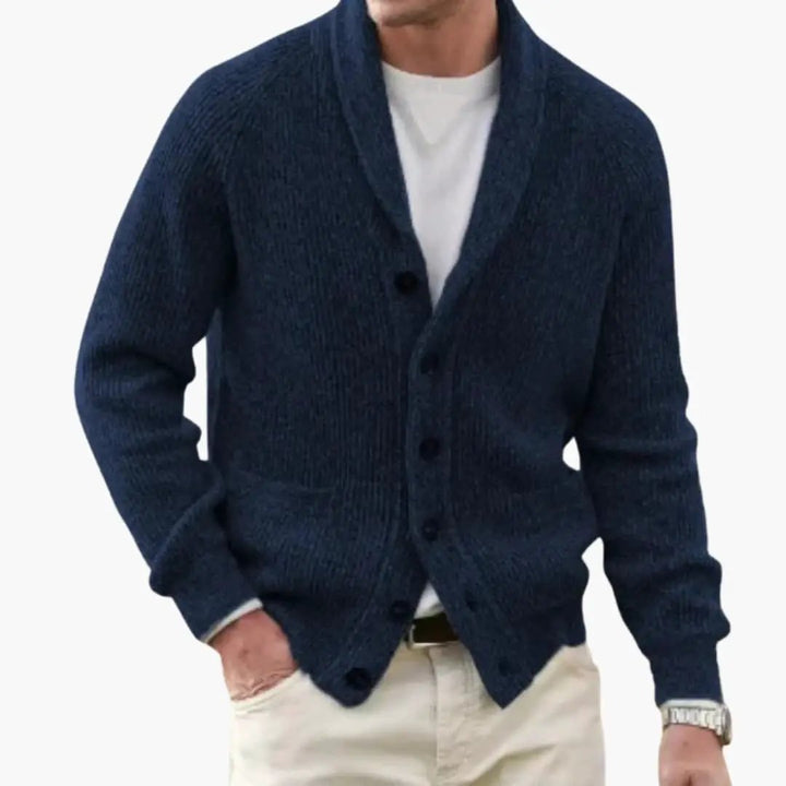 Classic gray men's shawl collar cardigan, button-front design, a fashionable and cozy top for layered style.