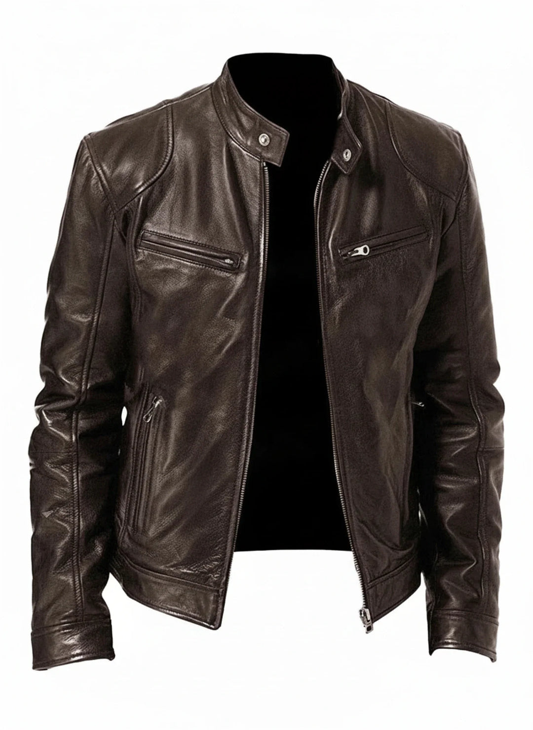 Men's black slim fit racer jacket with bold moto style, front zipper, perfect for urban casual fashion.