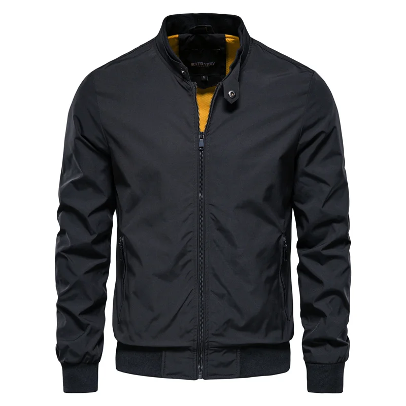 Men's black streetwear zip jacket with standing collar, front view. Ideal for urban casual fashion.