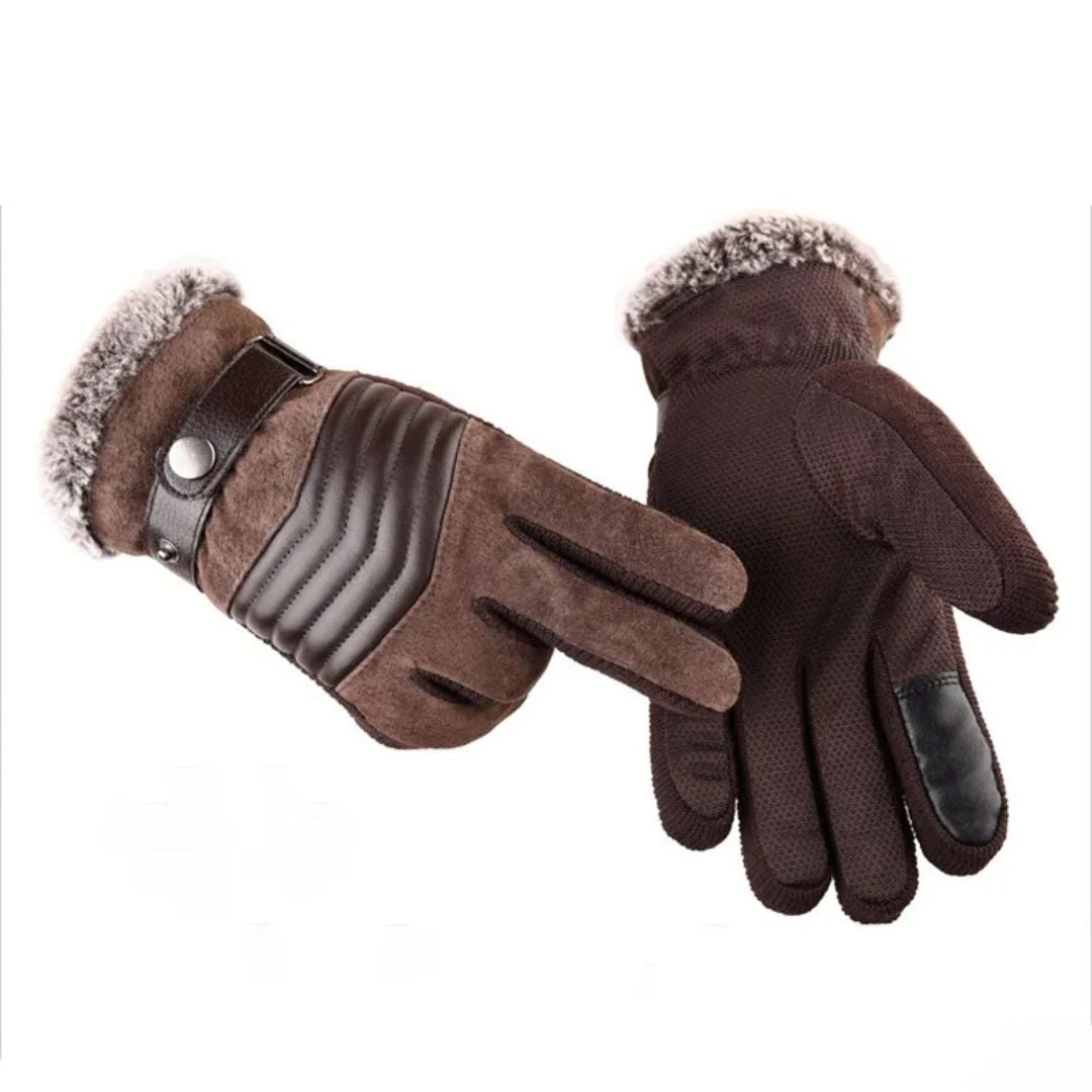 Close-up of men's warm knit gloves with touchscreen capability and adjustable leather wrist strap.