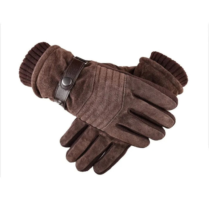 Pair of black men's winter gloves, featuring touchscreen fingertips and a stylish leather buckle.