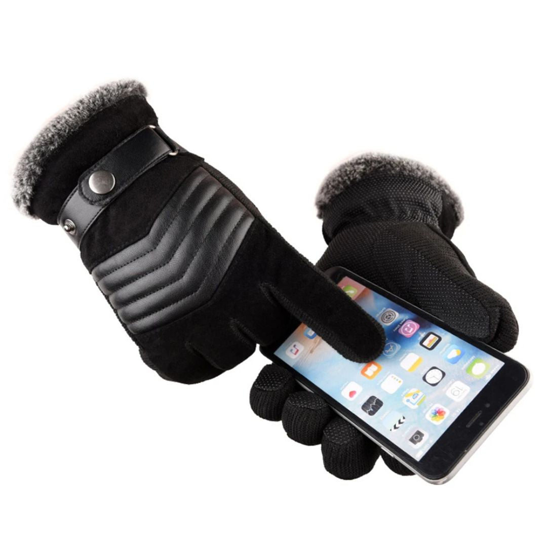 Insulated men's gloves for cold weather, designed with touchscreen compatibility and a leather strap.