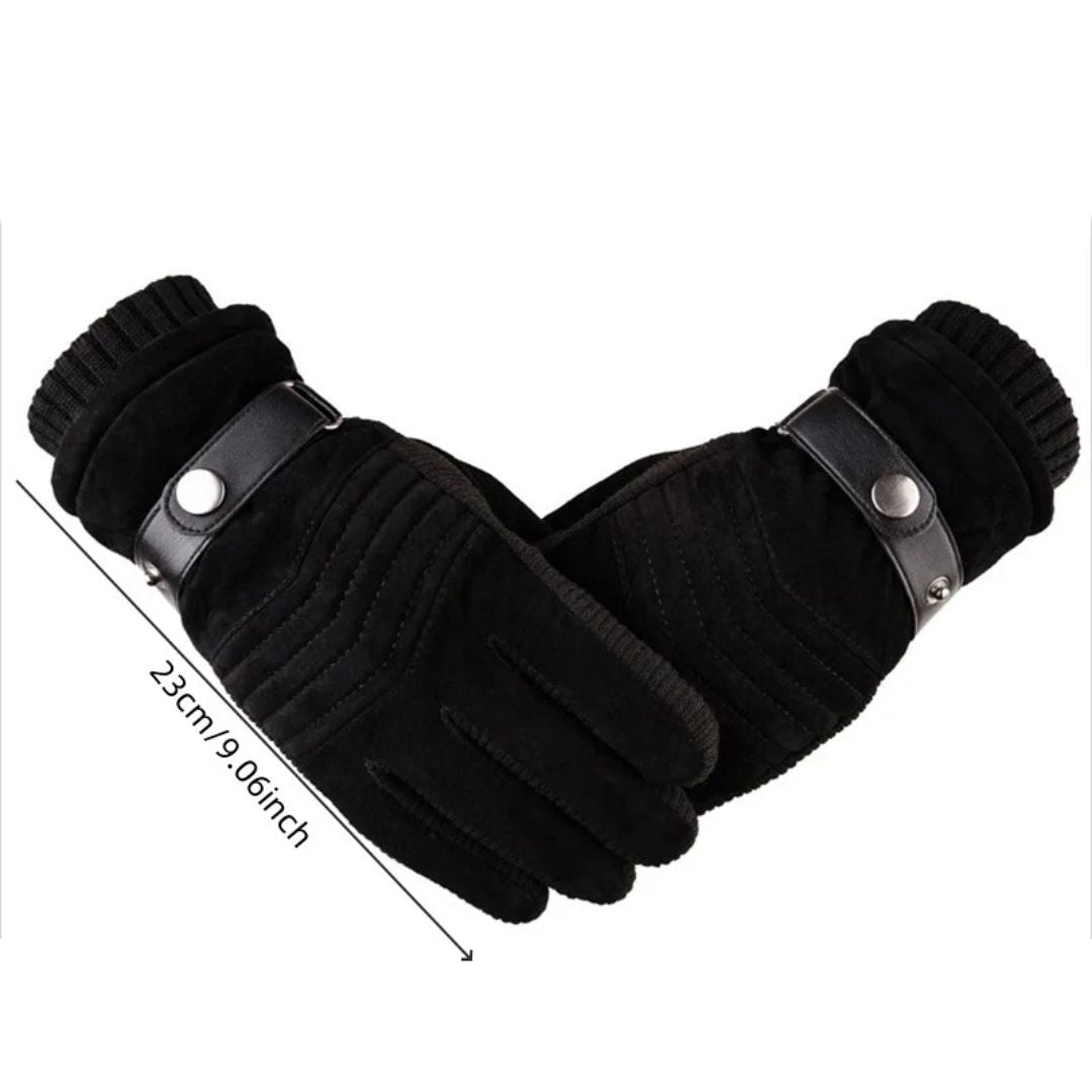 Front view of men's warm gloves, showing touchscreen tips and adjustable leather wrist closure.