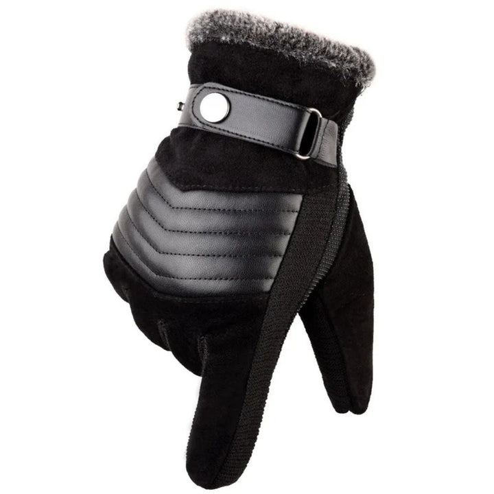 Men's durable knit gloves with leather strap, perfect for touchscreen use in winter conditions.