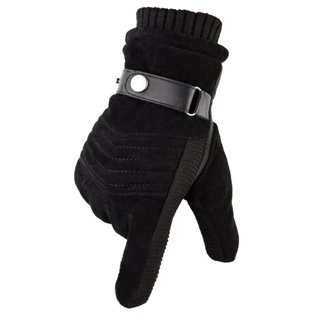 Stylish men's black winter gloves, featuring a genuine leather strap and touchscreen functionality.