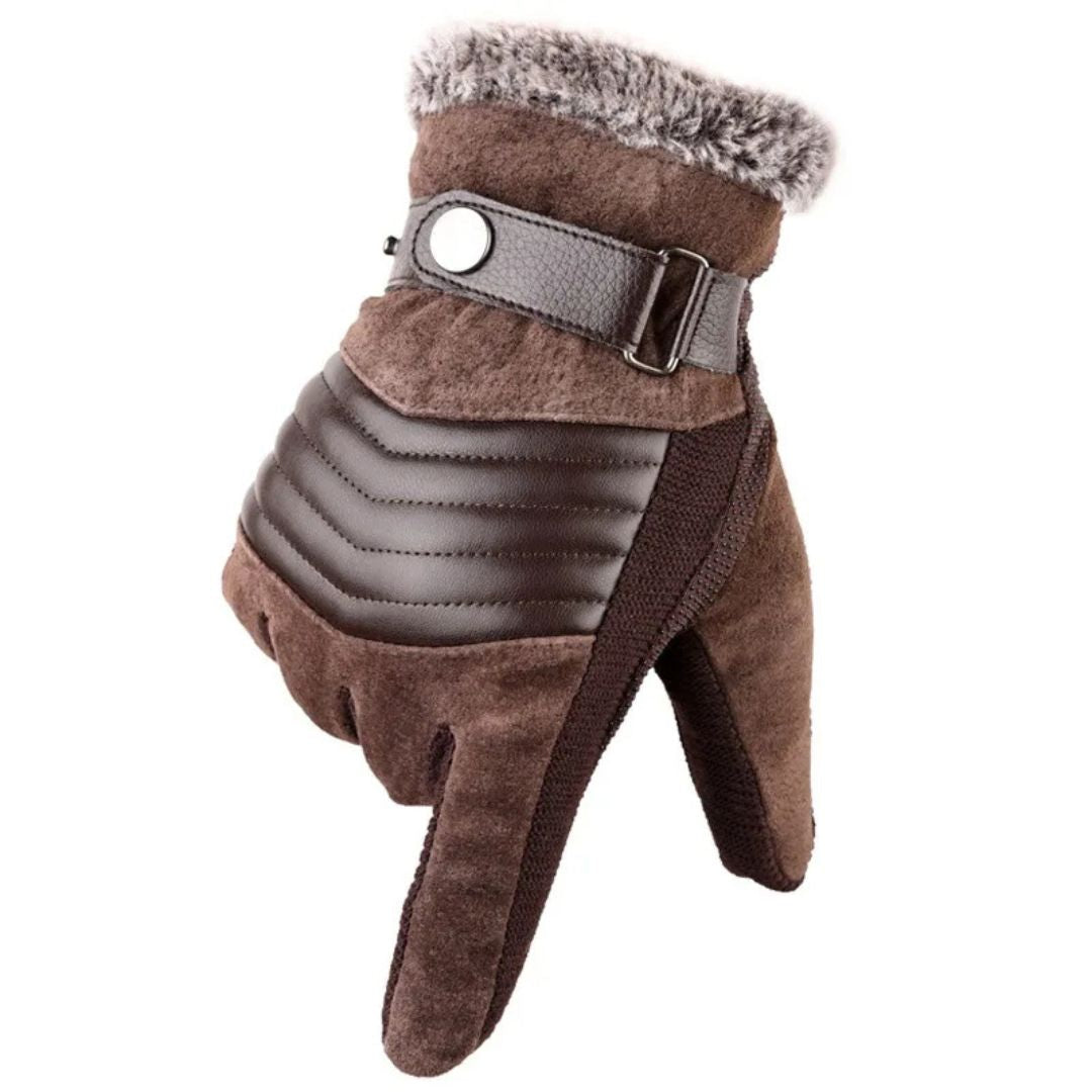 Detail of the adjustable leather strap on men's warm touchscreen winter gloves.