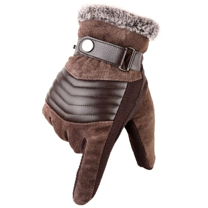 Detail of the adjustable leather strap on men's warm touchscreen winter gloves.
