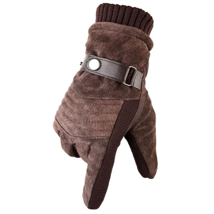 Side view of insulated men's gloves, highlighting the touchscreen fingertips and leather strap.