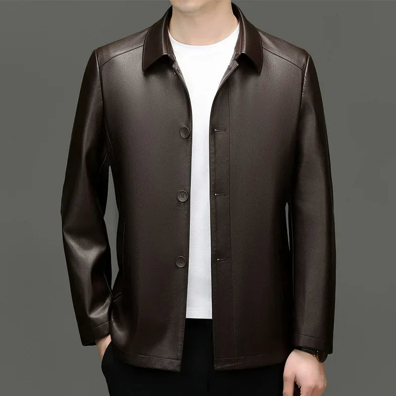 Brown faux leather moto jacket for men, sleek design, perfect lightweight outerwear fashion