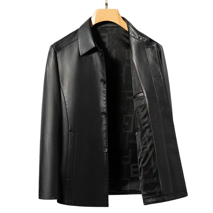 Stylish men's black vegan leather biker jacket, zippered pockets, modern outerwear fashion