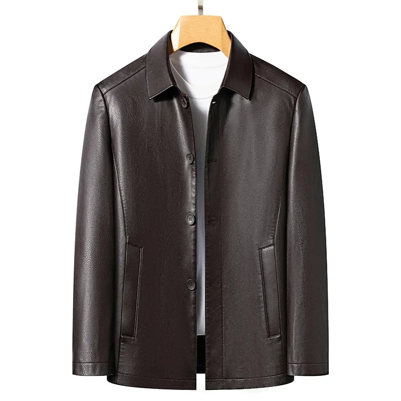 Full length view of a male model wearing a black vegan leather moto jacket, fashionable outerwear