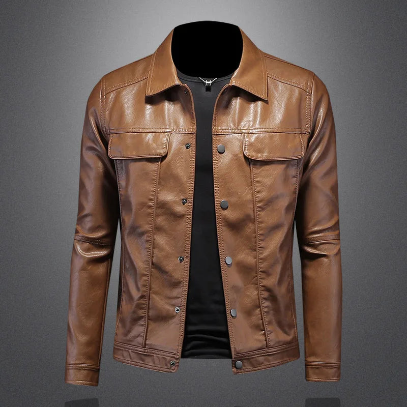 Men's black vegan leather Napoli jacket, tailored fit, standing collar, side pockets, casual style