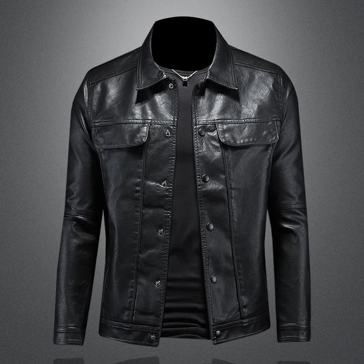Casual men's vegan leather jacket, Napoli style, with front zipper closure and ribbed cuffs