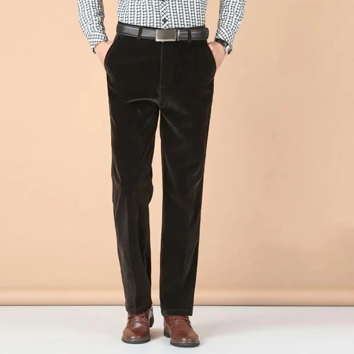 Close-up of men's luxury velvet pants, showcasing soft fabric and tailored fit for party wear.