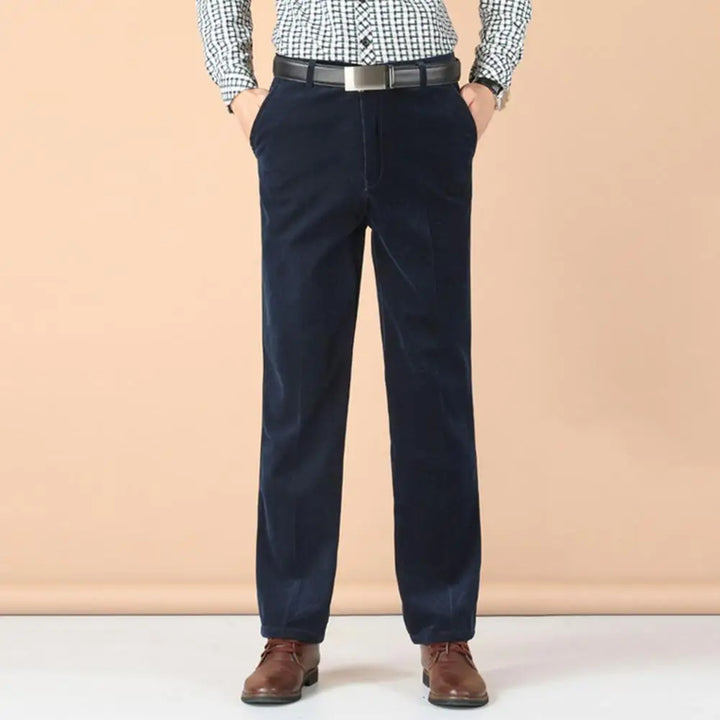 Full-length view of men's velvet dress pants, ideal for elegant formal occasions and fashion.