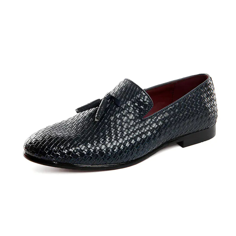 Men's black woven slip-on loafers, perfect for casual or dressy occasions, offering comfortable footwear.