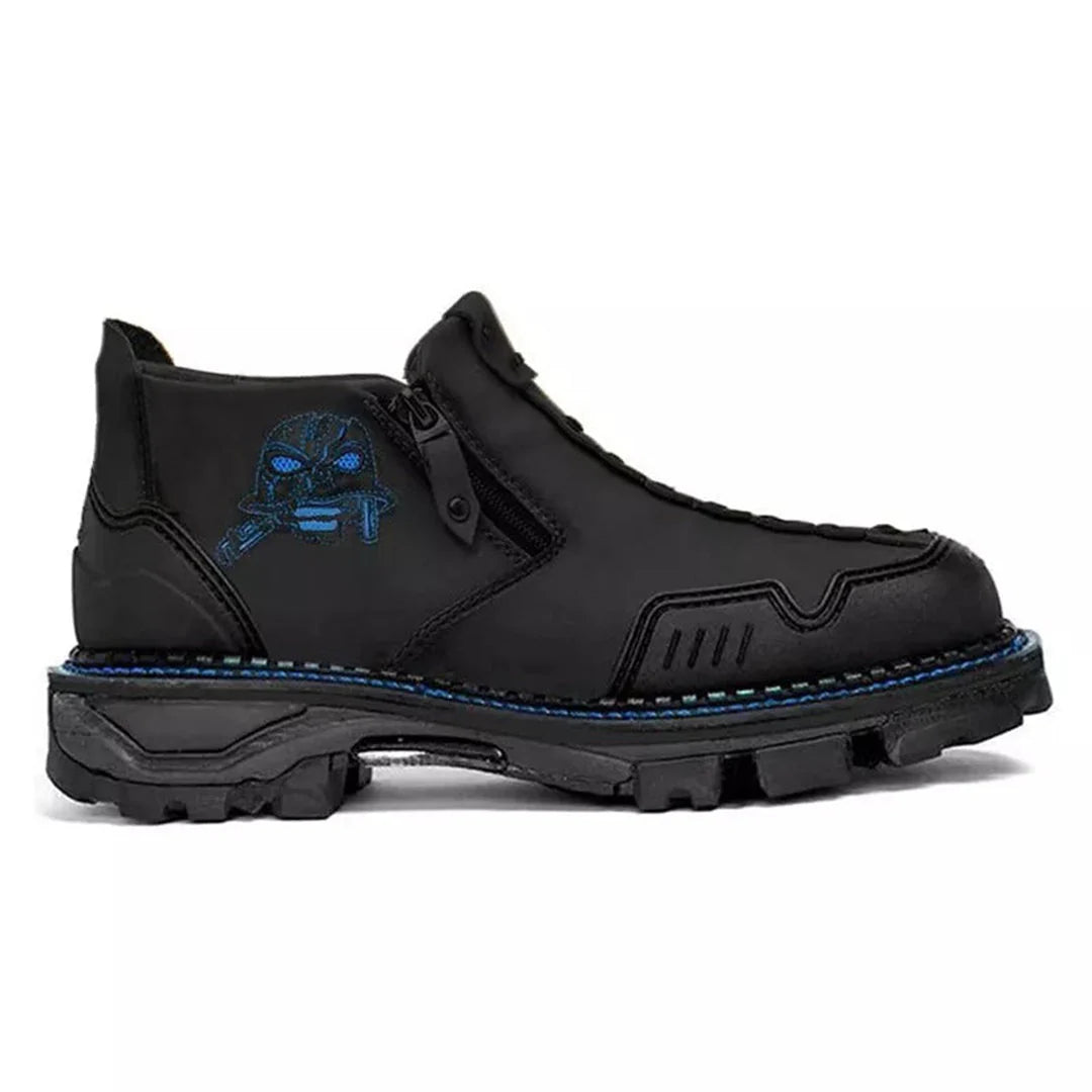 Men's black zippered tactical combat boots, durable military-style footwear for outdoor use