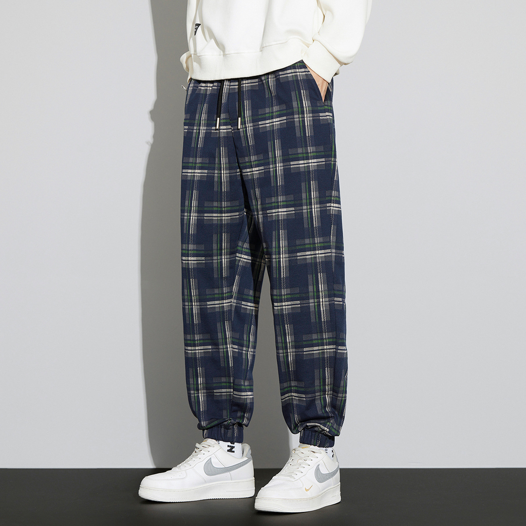 Men's blue & red plaid check jogger pants for a comfortable, relaxed fit streetwear look