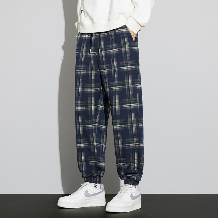 Men's blue & red plaid check jogger pants for a comfortable, relaxed fit streetwear look