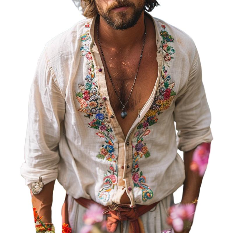 Men's bohemian grandad collar shirt, perfect for casual summer resort wear, lightweight & relaxed fit.