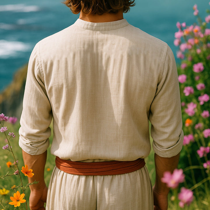 Lightweight men's summer shirt with a grandad collar, ideal for vacation, travel, and free-spirited comfort.