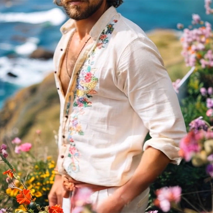 Relaxed fit men's ethnic bohemian shirt with grandad collar, stylish and comfortable for summer fashion.