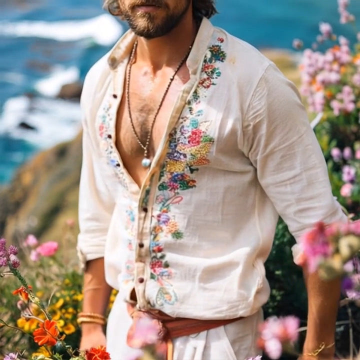 Versatile men's bohemian grandad collar shirt, excellent for resort wear, travel, and casual summer style.