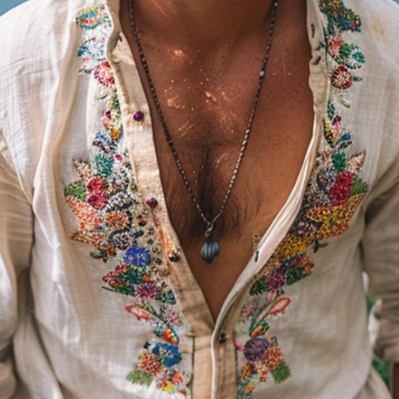 Casual men's grandad collar shirt in a bohemian style, featuring a lightweight fabric for summer comfort.