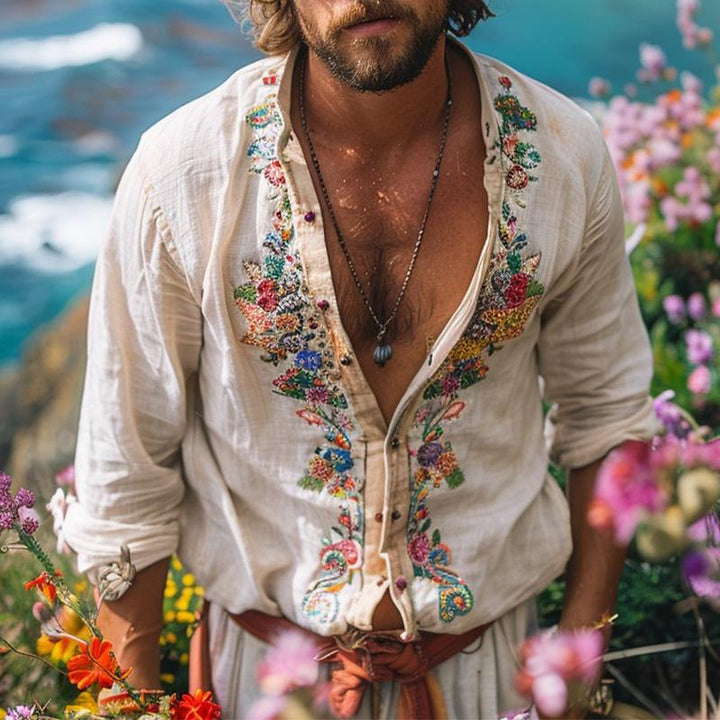 Free-spirited men's bohemian grandad collar shirt for summer, a relaxed fit in modern mens fashion.