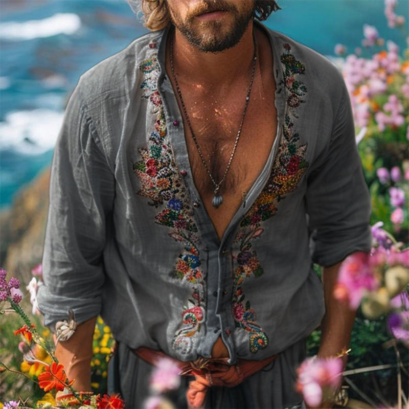 Stylish men's summer bohemian shirt with a grandad collar, perfect for resort, travel & relaxed casual wear.