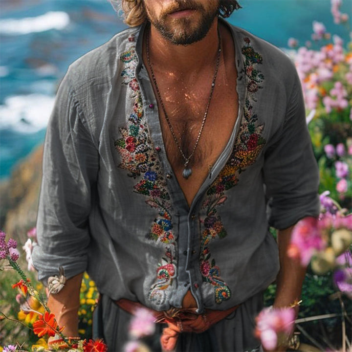 Stylish men's summer bohemian shirt with a grandad collar, perfect for resort, travel & relaxed casual wear.