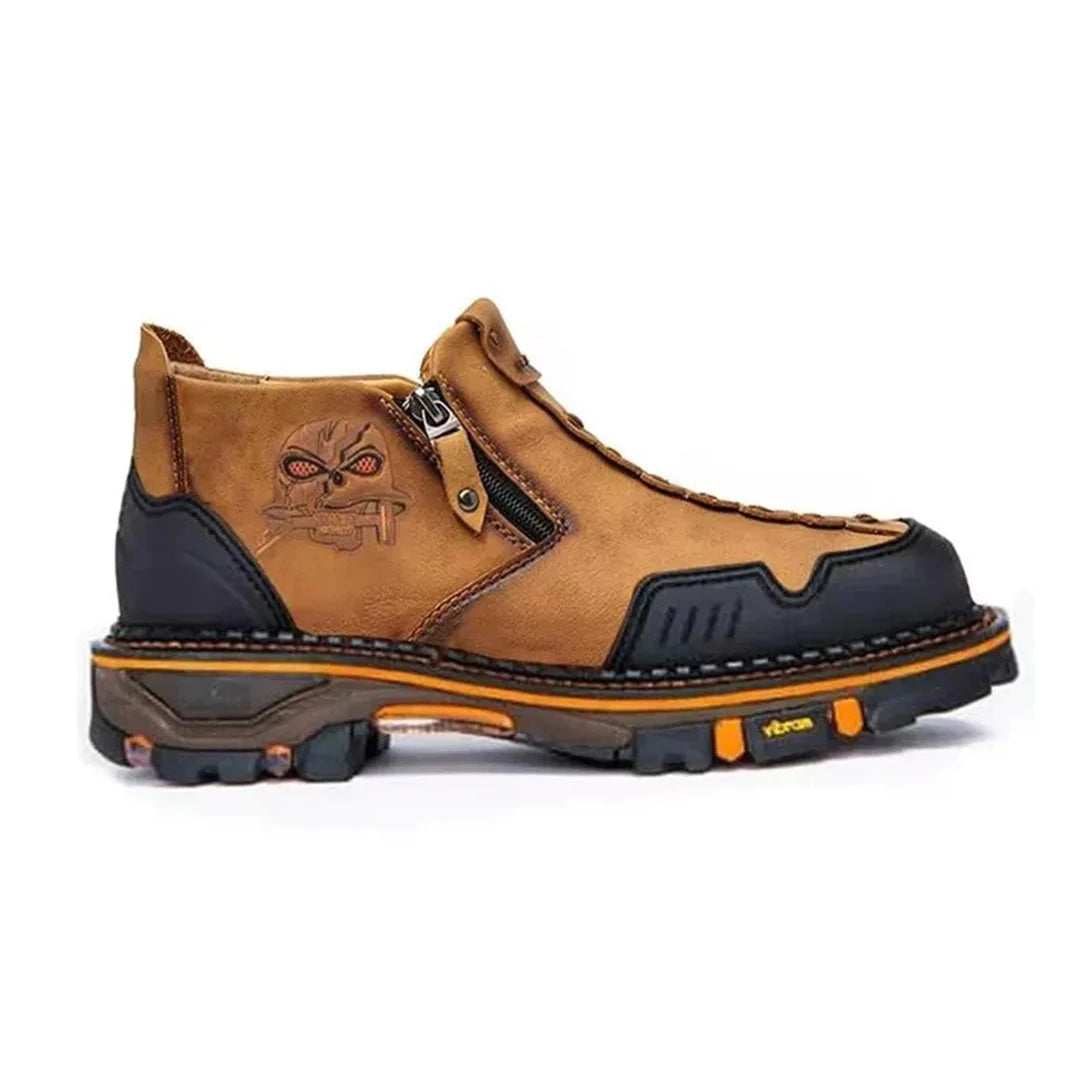 Unique men's bold skull ankle boots, durable black footwear for punk fashion, ensuring all-day comfort & style.