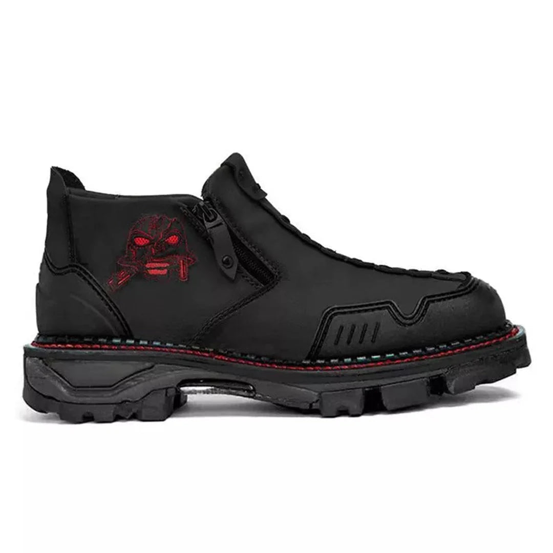 Gothic men's skull ankle boots, black leather, stylish and comfortable, perfect for a bold fashion statement.