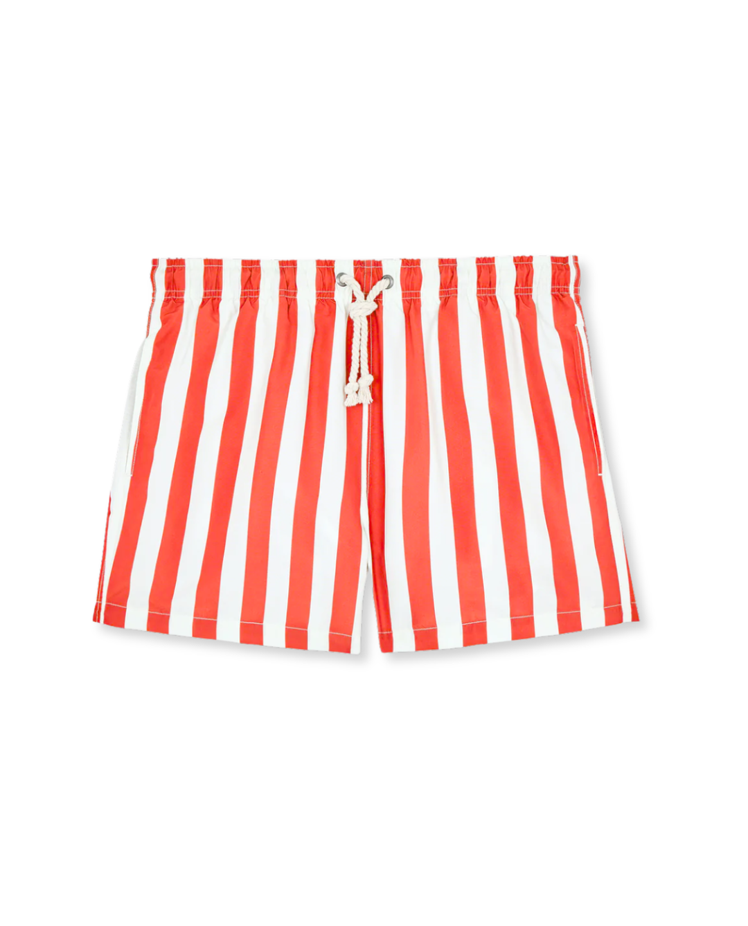 Men's bold striped swim shorts, lightweight, perfect for beach, pool, or vacation. Elastic waist comfort.
