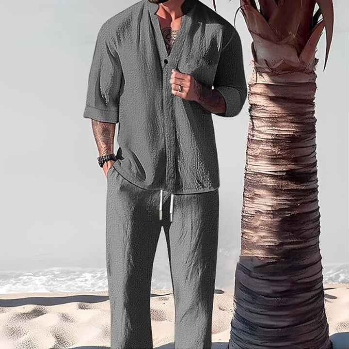 Stylish men's breathable cotton-linen summer outfit for relaxed fit casual wear and warm weather.