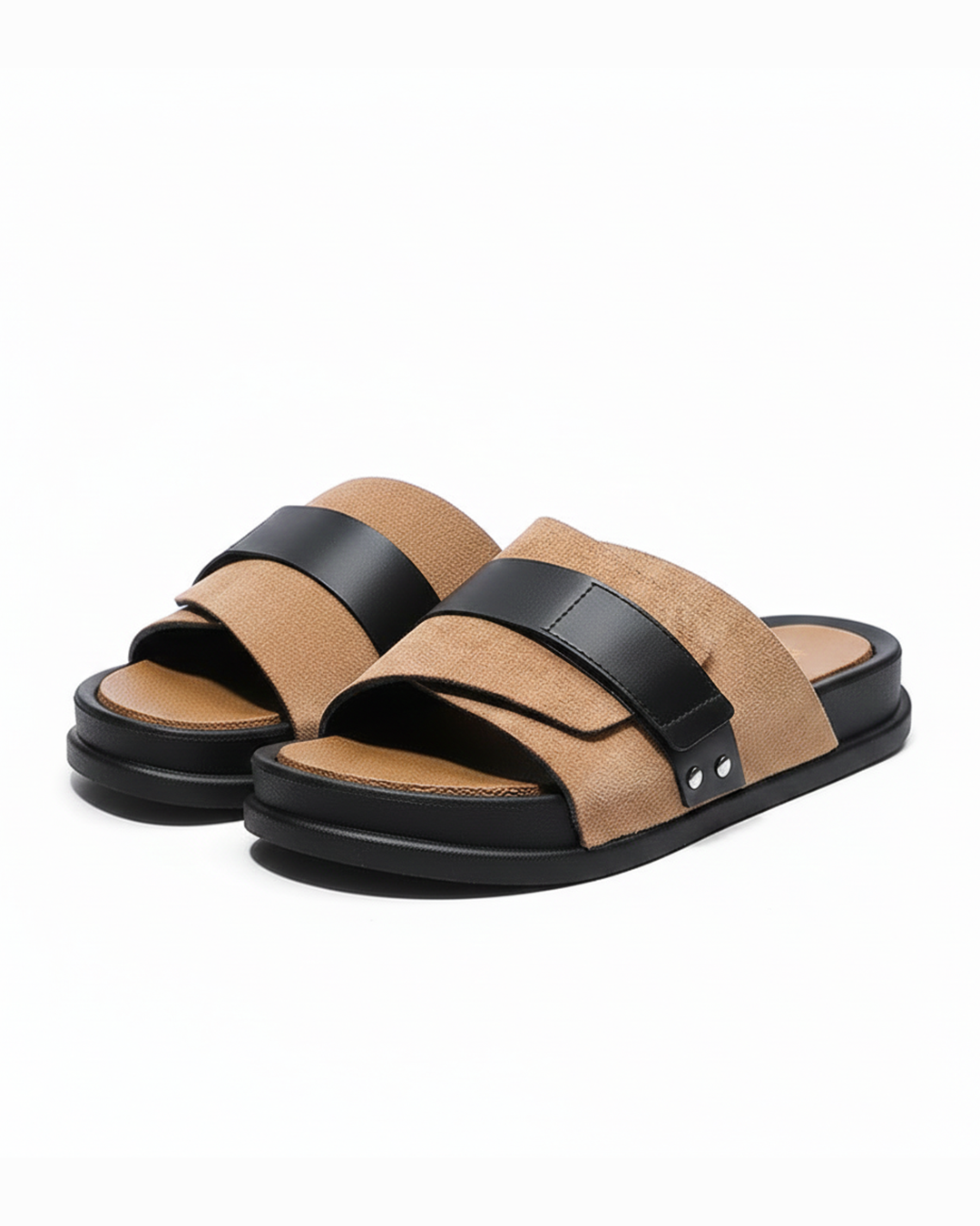 Men's brown suede comfort slide sandals, side view, ideal for casual wear and relaxation