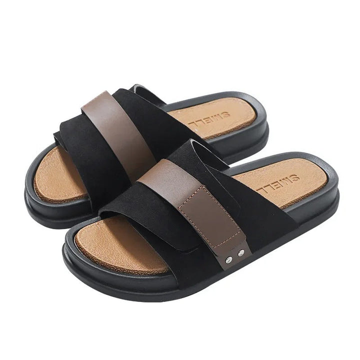 Men's comfort slide sandals in suede, available in brown and black, for easy slip-on style